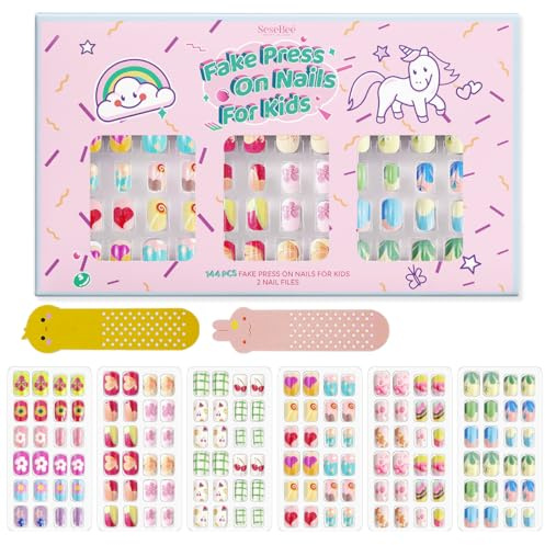 144Pcs Ongles à Pression Pour Enfants Acrylique Faux Ongles Pré-Collés Couverture Complète Paillettes Fleur Ongles Courts Kits D'art D'ongles Faux Cadeaux De La Saint-Valentin Pour Enfants Filles