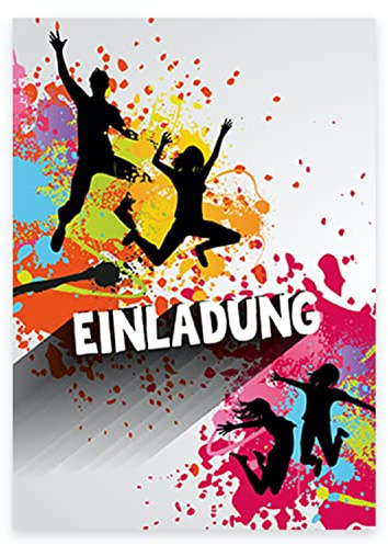 12 bunte Einladungskarten zum Kindergeburtstag Jump-Party + 12 Umschläge, Postkarte, Jump Party Springen 10,5x14,8cm, mit vorgedrucktem Text Einladung Karten Kinder Kids birthday