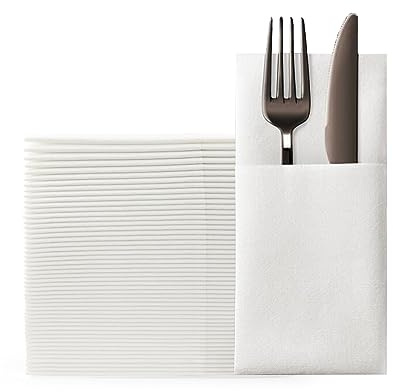 KLEENDOL Disposable Dinner Napkins with Built-in Flatware Pocket, Cloth Like Napkins,Disposbale Linen Feel White Napkin for Wedding Party,Prefolded for Silverware,50 Counts