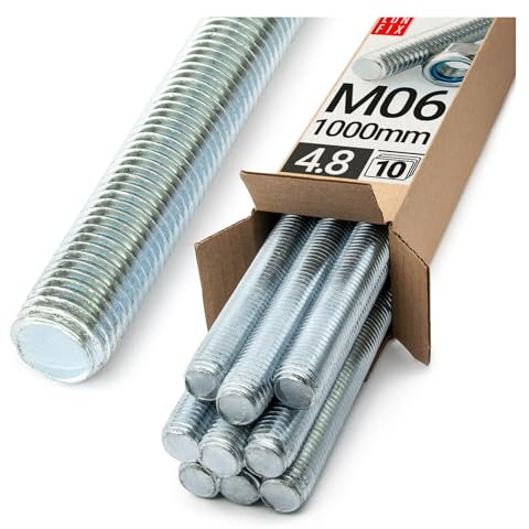 Barra Filettata M6x1000 mm, 10 pezzi, Asta Filettata Acciaio 4.8 DIN 976, Barre Filettate Metrica, Perni Filettati, Filetto Asta Metrica, Bulloni Filettati per Montaggio Industriale, Lun Fix