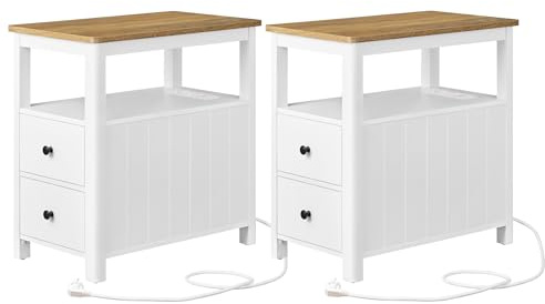 VASAGLE Sidobord, set om 2, smalt nattduksbord med grenuttag, 2 lådor, soffbord, för små rum, maritim stil, valnötsbrun-vit LCT649W01