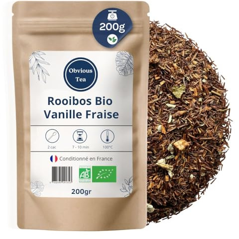 Rooibos Vainilla Fresa Orgánico – Té Rojo Vegano en Hoja Suelta, 100 % natural, libre de OGM – Agricultura ecológica – Envasado en Francia – Bolsa de 200 g (100 tazas)
