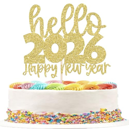 Xsstarmi 1 Pack Hello 2026 Cake Topper Glitter Gold Happy New Year 2026 Cake Pick Decoration for Cheers to 2026 Celebrate Happy New Years Eve Party Cake Decorations Supplies