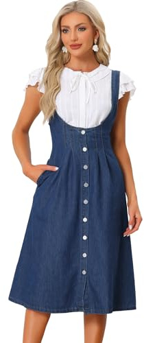 Allegra K Vestido con Tirantes para Mujer con Botones en la Parte Delantera, clásico, Cuello en U, Vestido Midi de Mezclilla con bolsillosAzul Oscuro XS