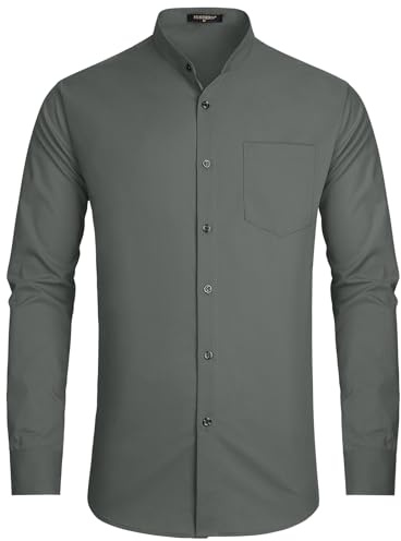 HISDERN Camisa Hombre Manga Larga Casual Camisa Gris Hombre Traje Cuello Mao Slim Fit con Botones de Boda XL
