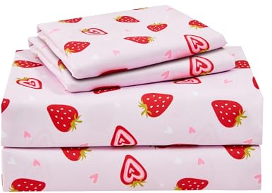 lasoftan Pink Strawberry Printed Kids Sheet Set Twin Size, 3 Pcs Breathable & Silky Soft Microfiber Kids Fitted Sheet, Bed Sheets with 15 Deep Pocket for Boys and Girls