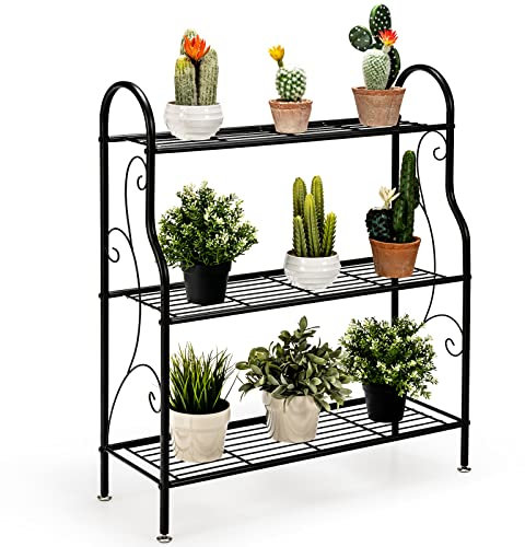 COSTWAY 3-stufige Metall Blumentreppe, Pflanzenständer Pflanzenregal Pflanzentreppe, Blumenregal belastbar bis 35 kg, Blumenbank für Garten Balkon Indoor Outdoor, Schwarz, 72 x 25 x 85 cm