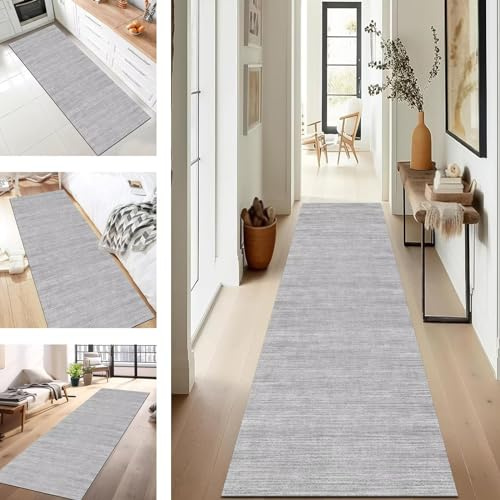 SUCERU Läufer Teppich Lang Flur Küche rutschfest Waschbar Korridor Teppichmatten Grau 50X220CM Küchenteppich Küchenläufer Modern Teppichläufer Flur Schlafzimmer Wohnzimmer Meterware Eingang