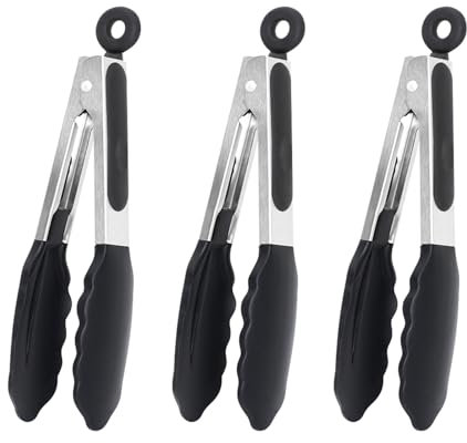 Eolilim 3PC Small Kitchen Tongs with Silicone Tips, 7 Inch Black Mini, Silicone Food Tongs Easy to Clean for Kitchen Use