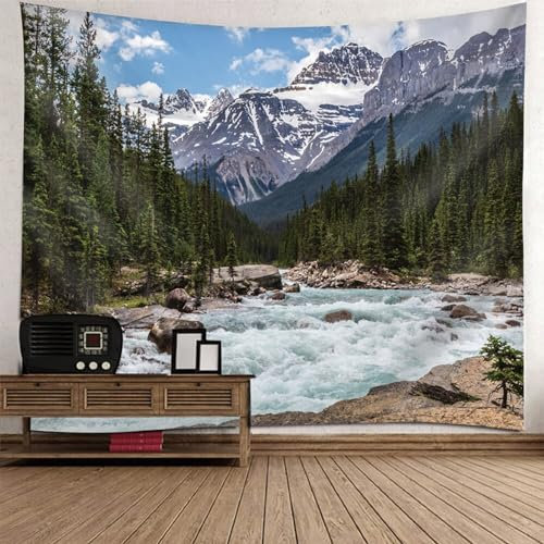 Mesnt Wandteppich Berg, Schnee Gebirge Fluss Landschaft Wandteppiche Wandkunst für Schlafzimmer Wohnzimmer, 300x256cm