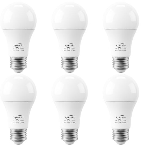 LOEODO E27 Screw LED Bulb, 13W=100W, 2700K Warm White, 1200LM, Pack of 6 | ES A60 Super Bright LED Bulbs, Large Edison Screw in Light Bulb, Save Energy, Non-Dimmable, No Flicke