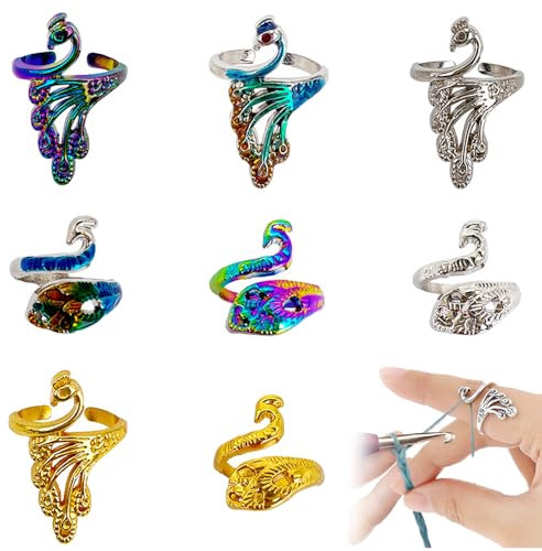 TRKETK 8 Stück Häkelringe, Verstellbare Strickringe Offene Garnführung Fingerhut Spannungsring Geflochtener Offener Fingerhut Markierungen Häkelzubehör Pfauenwebhaken Häkelring für Finger (Mehrfarbig)