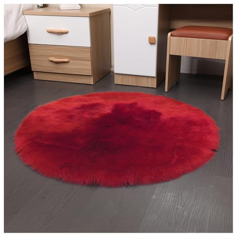 SMTCM Faux Lammfell Schaffell Runder Teppich 30 * 30cm Rot Flauschig Kunstfell Teppich Longhair Fell Weiche Nachahmung Wolle Bettvorleger Sofa Matte Rutschfester Waschbarer Plüsch Fußmatte Heim Deko