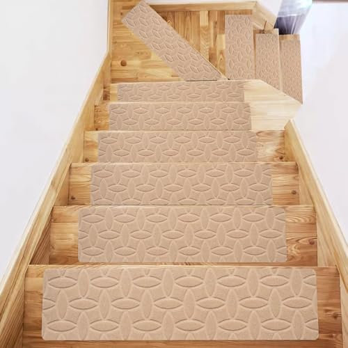 Gluhbirnen Treppenstufen Matten Antirutschmatte, 15 Stück Treppenmatten für Holztreppen, Stufenmatten Selbstklebend, Treppenstufen Matten für Kinder, Ältere und Hunde, 76 * 20.3CM, Beige