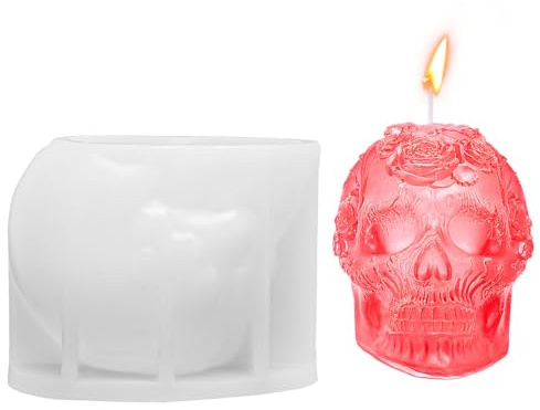 Moule à Bougie 3D en Forme de Tête de Mort et de Fleur de Rose, Moule à Bougie d'Halloween Moule en Silicone Halloween Décoration d'Halloween pour Aromathérapie Bougie Savon Plâtre