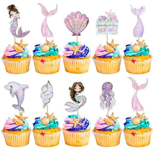 Xsstarmi 36 Packung Cupcake-Topper „Unter dem Meer“ Muschel Delfin Qualle Meerjungfrauenschwanz Cupcake-Picker Schatz kleine Meerjungfrau Kuchendekorationen für Meerjungfrauen-Motto Geburtstagsparty
