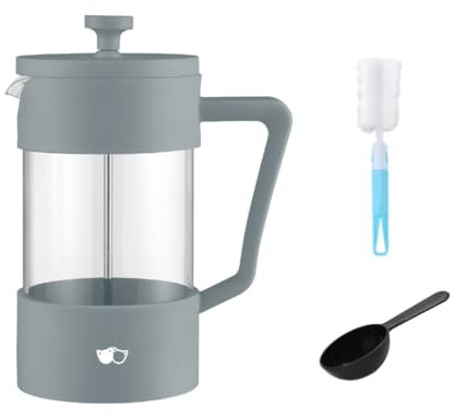 W&M French Press - Cafetiere - Coffee Press - Caffettiera - Borosilicate Glass Filter, Stainless Steel and Triple Filter - Tea Pot - Coffe Cafetiere - Measuring Spoon + Cleaner - Grey - 600ml
