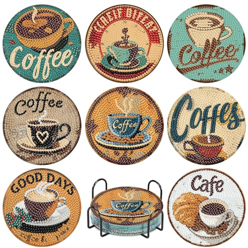 Coffee Diamond Painting Coasters Kits,8 Pcs Coffee Diamond Art Coasters with Holder, Crafts Kits for DIY Coasters Diamond Art Kits for Adults