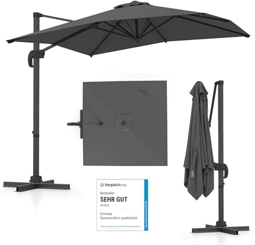 COSTWAY Sombrilla Terraza Exterior 250 x 250 cm con Base Cruzada, Sombrilla Jardin Rectangular, 5 Inclinaciones, Rotación 360°, 8 Varillas, Parasol Excentrico Grande para Jardin Playa (Gris, 250 cm)