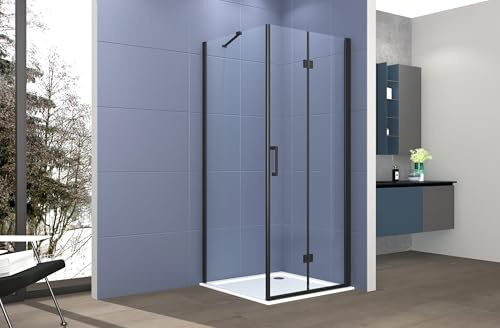 Box doccia Angolare 70x120 cm porta a soffietto + fisso H200 cm cristallo 6 mm profilo NERO OPACO ZAIRA