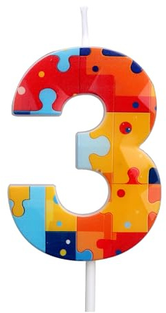 Building Block Puzzle Number Birthday Cake Candles, Multicolor Block Puzzle Cake Topper Numeral 0 1st 2nd 3rd 4th 5th 6th 7th 8th 9th Birthday Candles for Kids Boys Lego Party Supplies (Number 3)
