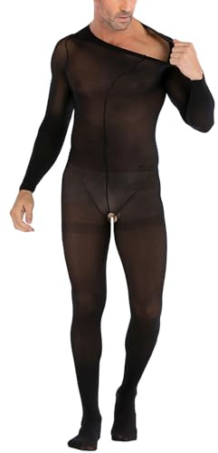 Mingnos Herren Langarm Bodystocking mit offenem Schritt Sexy Mesh Dessous Netz Nylon Catsuit Ouvert Ganzkörper Strumpfhosen Schwarz
