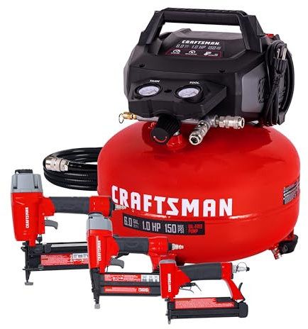 Craftsman 6-Gallon Pancake Air Compressor 4-Tool Combo Kit, 150 PSI, Oil-Free, Includes 16GA Finish Nailer, 18GA Brad Nailer, 23GA Pin Nailer & 25-Ft Air Hose, Model CMXECXA0210641K
