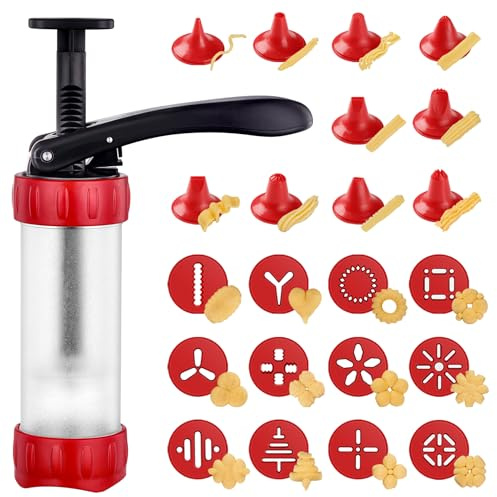 GDL Gebäckpresse, Multifunktionale Spritzgebäck Maschine mit 12 Schablonen und 10 Tüllen, Kekspresse Teigpresse für Churros Kuchen Kekse, DIY Dekorieren von Kuchen und Desserts, Festliches Muss, Rot