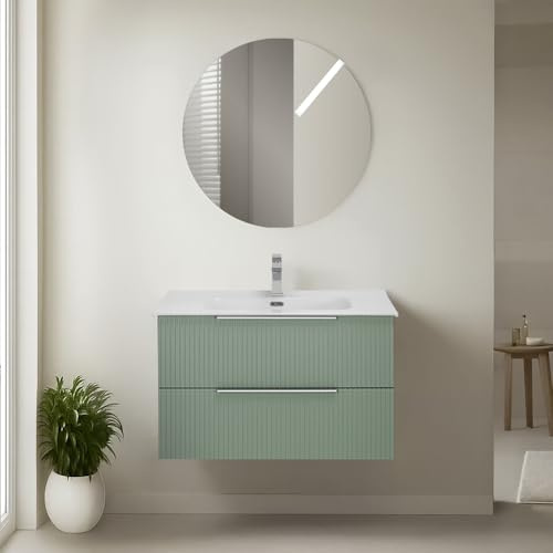 Inbagno Mobile Bagno Sospeso Linea Zena – L 80 Cm – Verde Cannettato – Con 2 Cassetti Soft Close, Lavabo In Ceramica E Specchio Tondo
