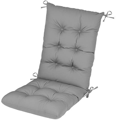 PRIMEPATIO Outdoor High Back Chair Cushion, 120x45cm, 8cm Thick, Grey | Tufted Waterproof Rattan Garden Seat Pad with Ties for Patio Dining Chairs, Furniture Loungers and Recliners