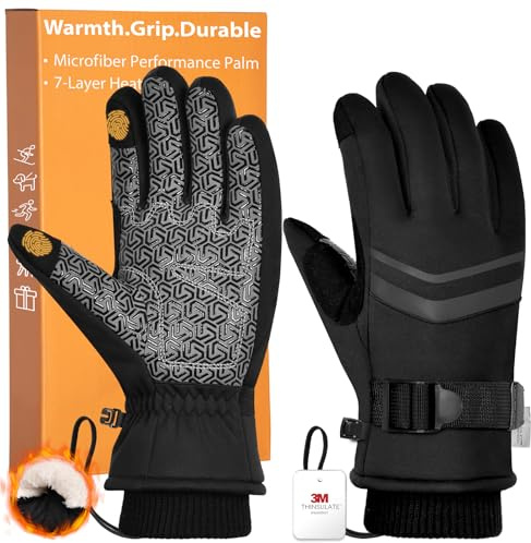 Pixel Panda Winter Gloves Cold Weather 3M Thermal Snow Gloves Waterproof & Windproof for Men/Women, Anti-Slip Touchscreen for ski/Motorcycle/Cycling, Black, Medium