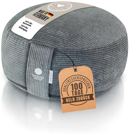 Inner Peace Yogakissen Rund Cord 33 x 16 cm, Bio-Dinkelfüllung (Anthrazit) | Meditationskissen rund, Bio-Baumwolle, Sitzkissen, Made in Germany, waschbar