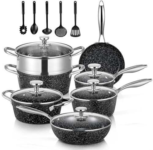 FOHERE Juego de Ollas y Sartenes Cocina Cerámicas Antiadherentes 17 Piezas, Batería de Cocina Aluminio, Apto para Inducción, Horno y Lavavajillas