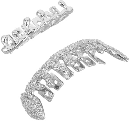 Ipetboom 2 Stück Metall Zahngrills mit Strass Unregelmäßige Hip Hop Zahnkappen in Silber Rapper Zahnschmuck für Cosplay und Musikfestivals
