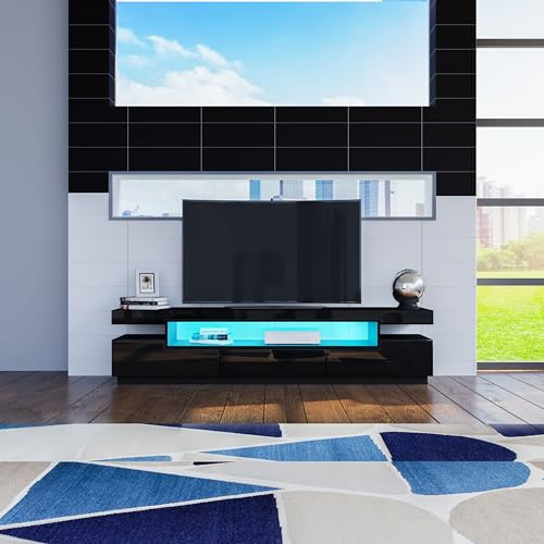 TV Lowboard 160cm Schwarz Hochglanz, TV-Schrank mit LED Beleuchtung | Für Fernseher bis 65-70 Zoll, Modernes Fernsehtisch mit 3 Schubladen, Design Sideboard & Mediamöbel