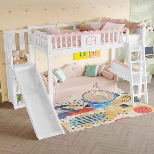 CelticHearth Letto a soppalco con scivolo e luci a LED, in legno di pino, 90 x 200 cm, bianco, con ripiani, letto singolo per bambini, 246,5 x 188,5 x 171 cm