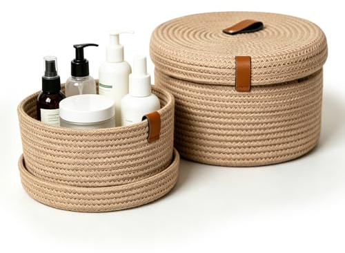 2 cestini portaoggetti con coperchio, in corda di cotone con coperchio, cestello intrecciato, lavabili, multifunzionali, per soggiorno, bagno, ufficio, decorativi