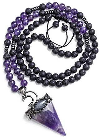 Jovivi 6mm Natural Amethyst Crystal Pendulum Necklace Lava Rock Labradorite Healing Chakra Triangle Pendulum Crystal w/Moon 25inches Adjustable