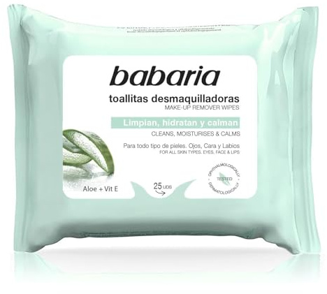 Babaria – Toallitas Desmaquillantes Aloe Vera – 25 Uds, Blanco