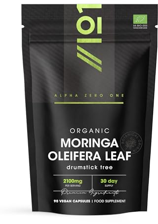 Organic Moringa 2100mg - 90 Vegan Capsules - Raw Moringa Oleifera Leaf - Rich in Vitamins, Antioxidants & Amino Acid – Resealable and Recyclable Pouch – by Alpha01