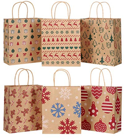 Cabilock 24 Stück Weihnachten Geschenktüten mit 6 verschiedenen Weihnachtsmotiven, Weihnachten Geschenktüten mit Henkel für Geschenke Mitgebsel Süßigkeiten Party