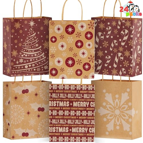 JOYIN 24 Stück Weihnachtsferien Kraftpapier Goody Geschenk Taschen 22.86cm x 18.42cm x 8.89cm mit Griffen für Weihnachts Geschenke, Klassenzimmer Party Favors Wrapping Goodie Bag, 6 Entwürfe