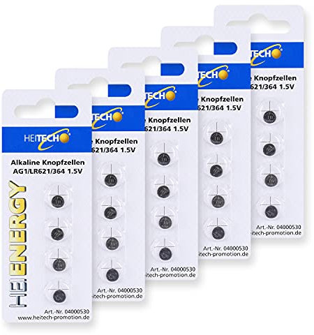 HEITECH Lot de 20 Piles Boutons alcalines AG1 1,5V - LR60 - L621 - LR621 - SR60 - SR621 - SR621SW - 164-364 - Piles Boutons étanches et Longue durée de Vie