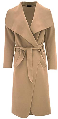 FAIRY TRENDZ LTD Womens Ladies Italian Trench Long Coat Waterfall Duster Cape Belted Cardigan Winter Wear Jacket Wrap Coat Camel UK 12-14