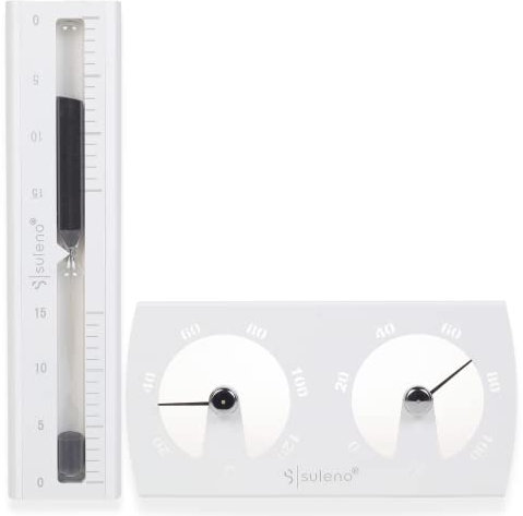 SULENO - Sauna Set KJELL 2-teilig, Sanduhr 5-15 Minuten, Klimamesser, Thermometer 20-120°, Hygrometer 0-100%, Saunazubehör, hitzebeständig, modern, Wandmontage, Sandclock, Zeitmesser (Weiß)