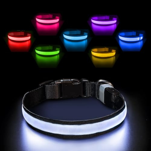 PcEoTllar Leuchthalsband Aufladbar, Einstellbar für Hunde Schwarz, L | LED Halsband mit 7 Farben & Blinkmodi. Aufladbar, wasserdicht & verstellbar für kleine bis große Hunde.