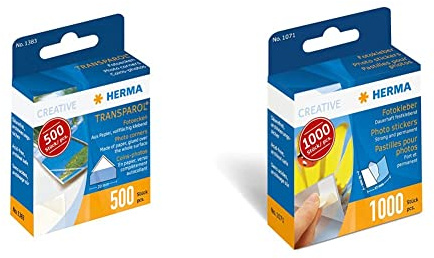 HERMA 1383 Transparol Fotoecken selbstklebend (20 mm, transparent) in Spendepackung, 500 Stück & 1071 Fotokleber im Spender (12 x 17 mm) selbstklebend, doppelseitig, 1.000 Stück, weiß