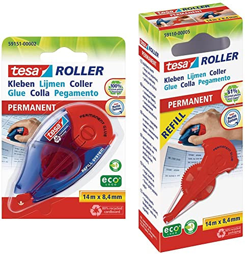 tesa Roller Kleben Permanent ecoLogo - Nachfüllbarer Kleberoller mit reißfestem Band und doppelseitigem Klebefilm - lösungsmittelfrei - 14 mx8,4 mm & Kleberoller permanent Nachfüllkassette, 14mx8.4mm