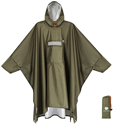 ANYOO Leichter Wasserdichter Regenponcho Regenjacken mit Ärmeln Belüftet Mehrzweck Regenmantel mit Kapuze Faltbare Schutzdecke Unterschlupf Plane Ideal für im Freien Camping Wandern Angeln, Olivgrün