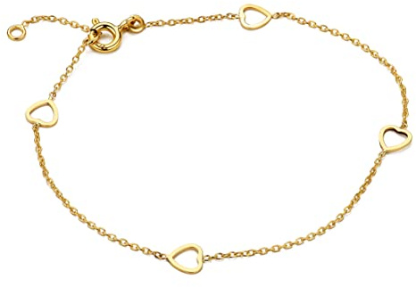 MIORE Schmuck für Damen Herz Armband mit kleinen Herzchen klassische Anker ArmKette aus Gelbgold 9 Karat 375 Gold, Länge 17-18 cm verstellbar